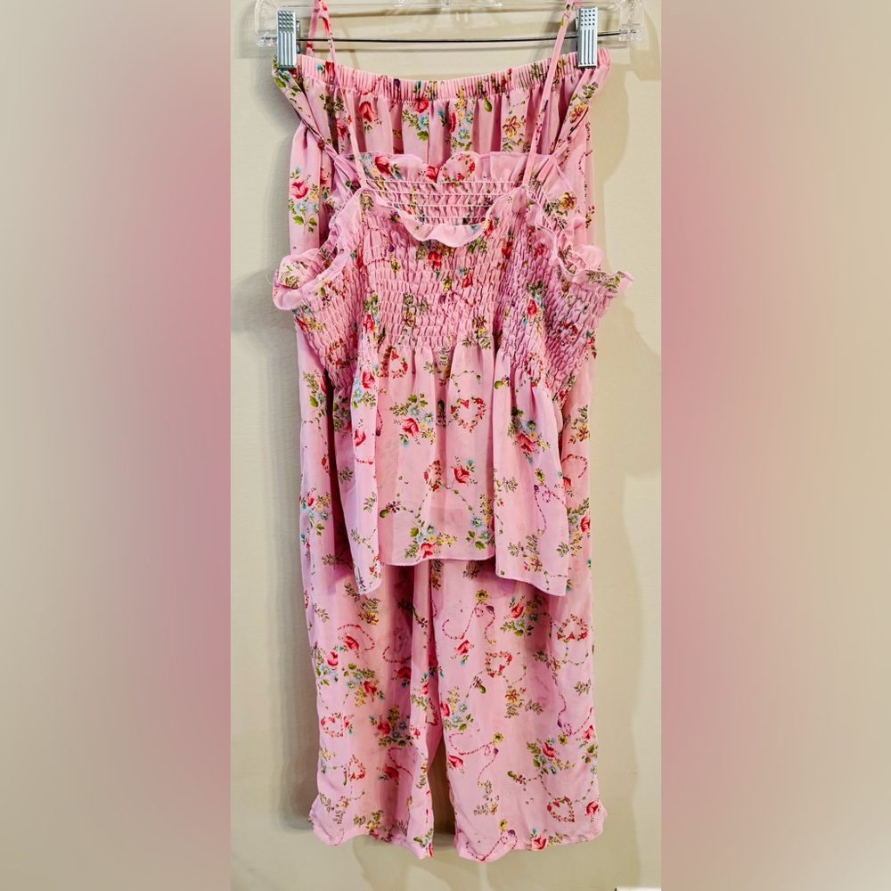 Pink Floral Sheer Chiffon Pajama Set with Smocked‎ Tank Top